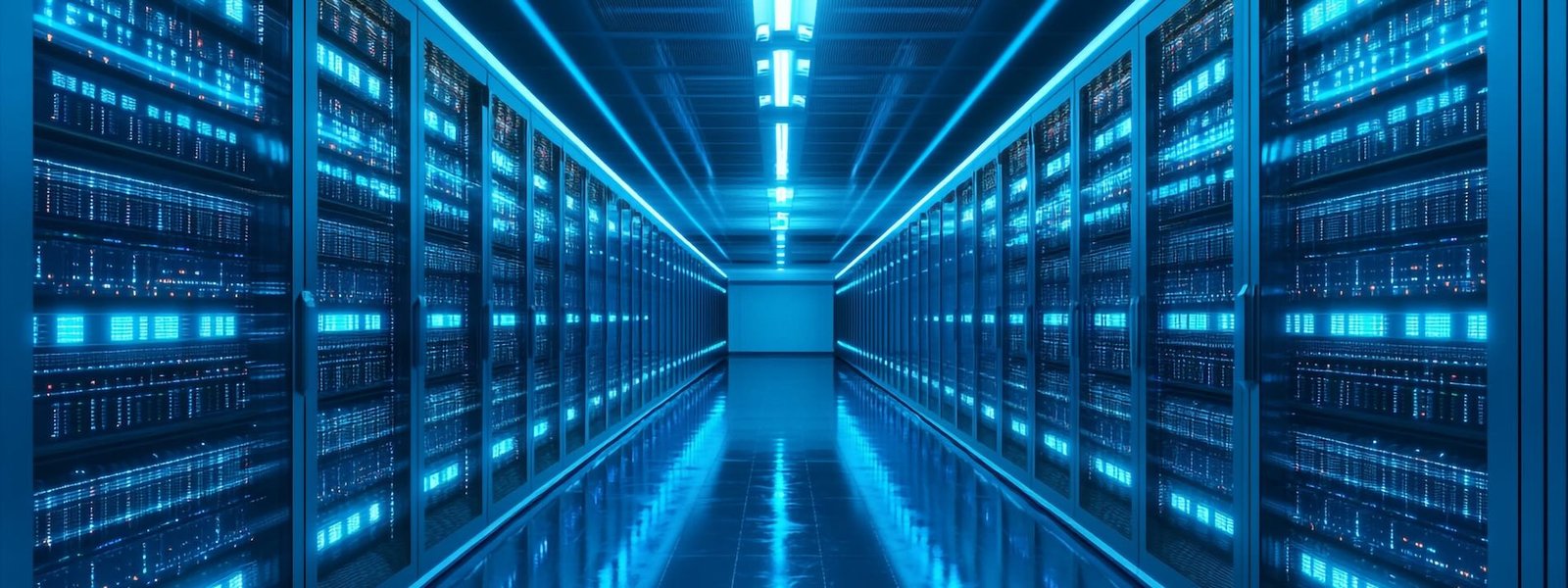 Long corridor of illuminated server racks inside a data center